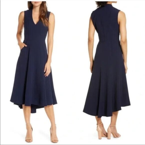 Eliza J Navy Blue High/Low Fit & Flare Dress With Pockets - Picture 1 of 2